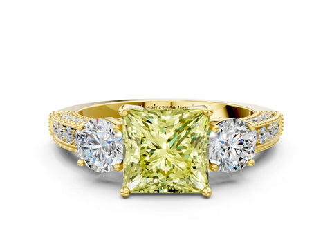 Yellow gold Fancy Yellow Princess Cut Three-Stone Diamond Ring with Pavé Band and Four-Prong Setting