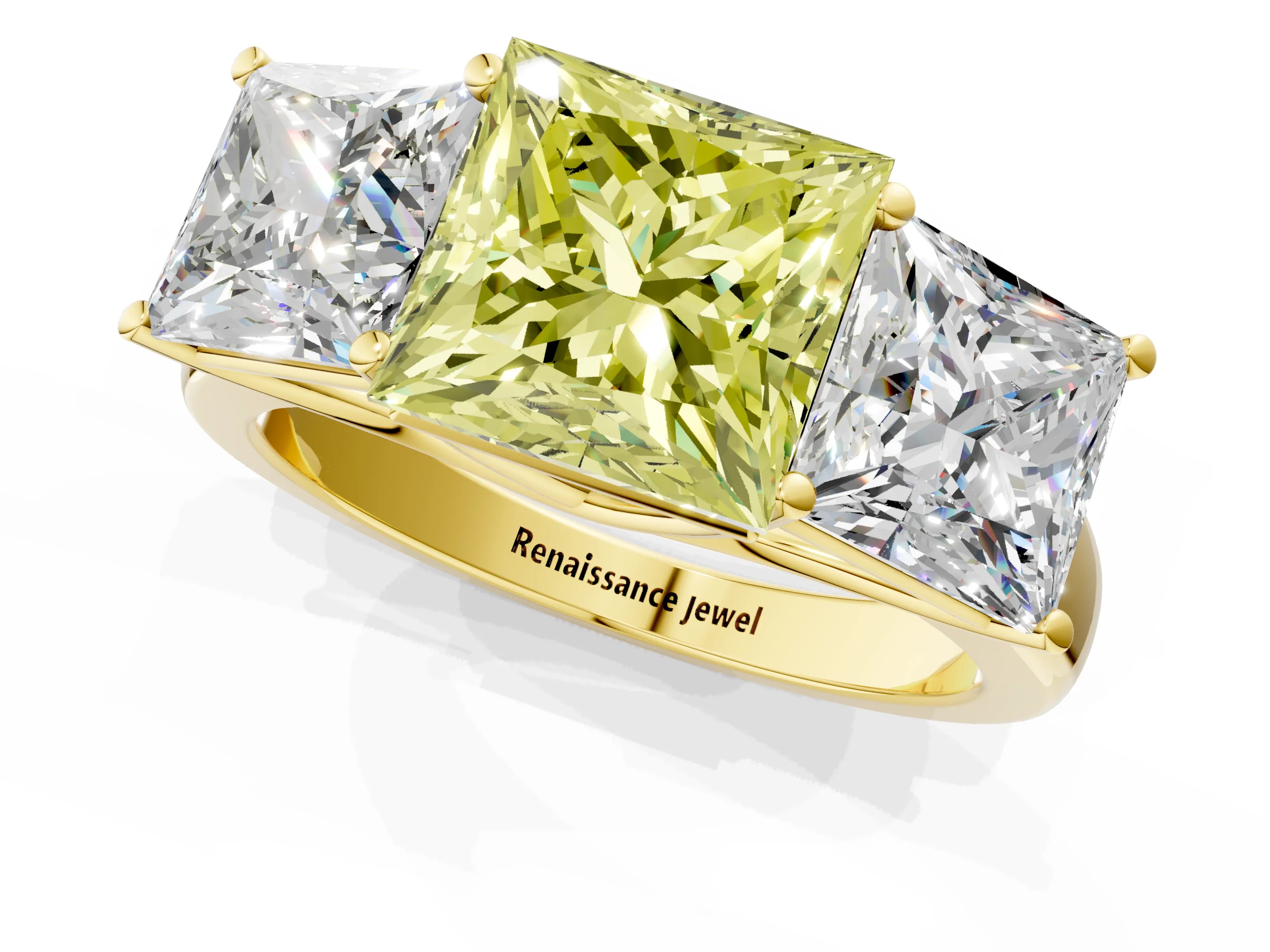 Yellow gold Fancy Yellow Princess Cut Three-Stone Diamond Ring with Prong Setting on a Classic Band_1