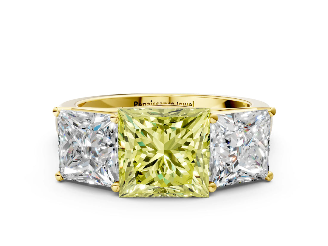 Yellow gold Fancy Yellow Princess Cut Three-Stone Diamond Ring with Prong Setting on a Classic Band_12