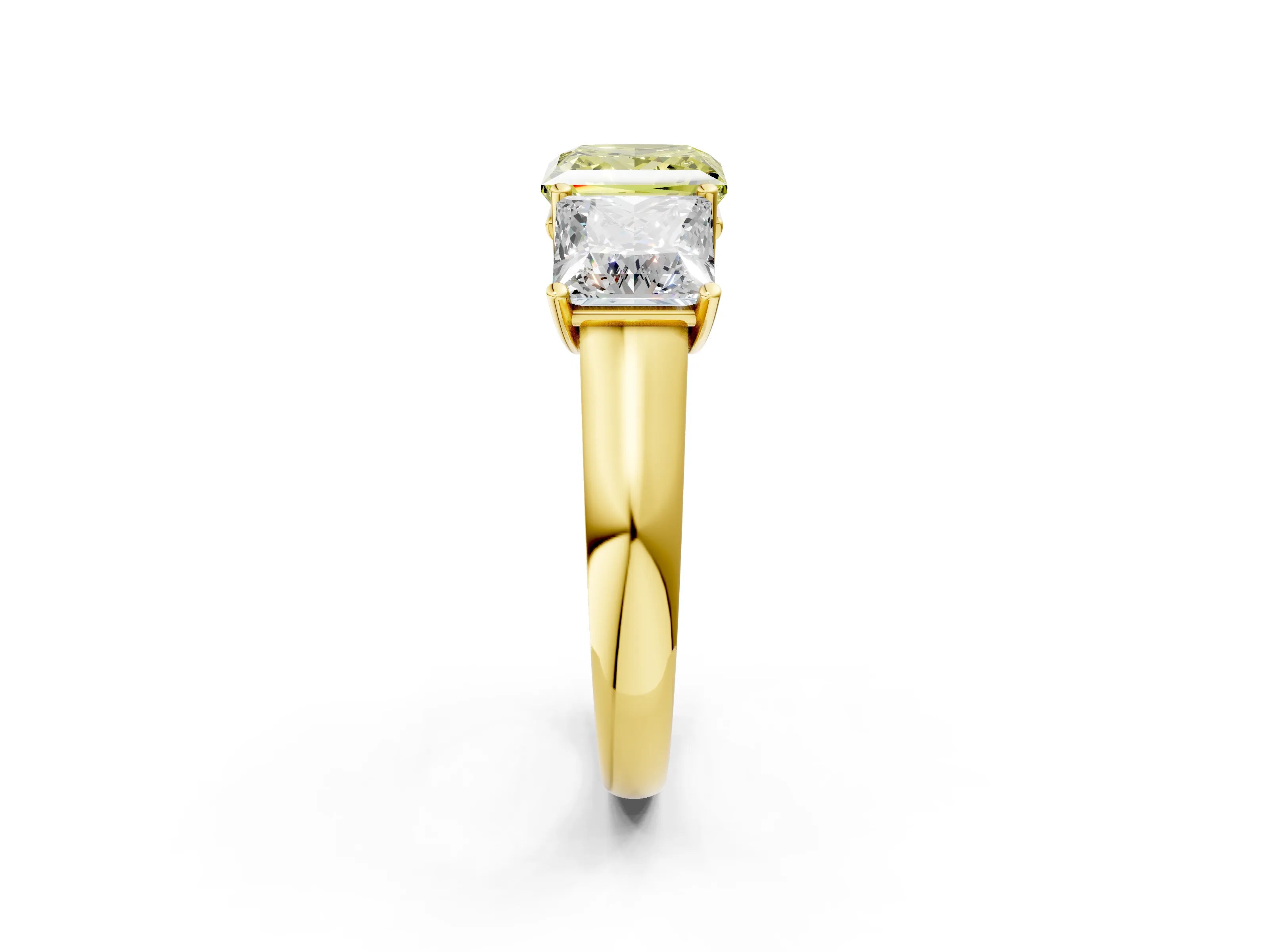 Yellow gold Fancy Yellow Princess Cut Three-Stone Diamond Ring with Prong Setting on a Classic Band_2