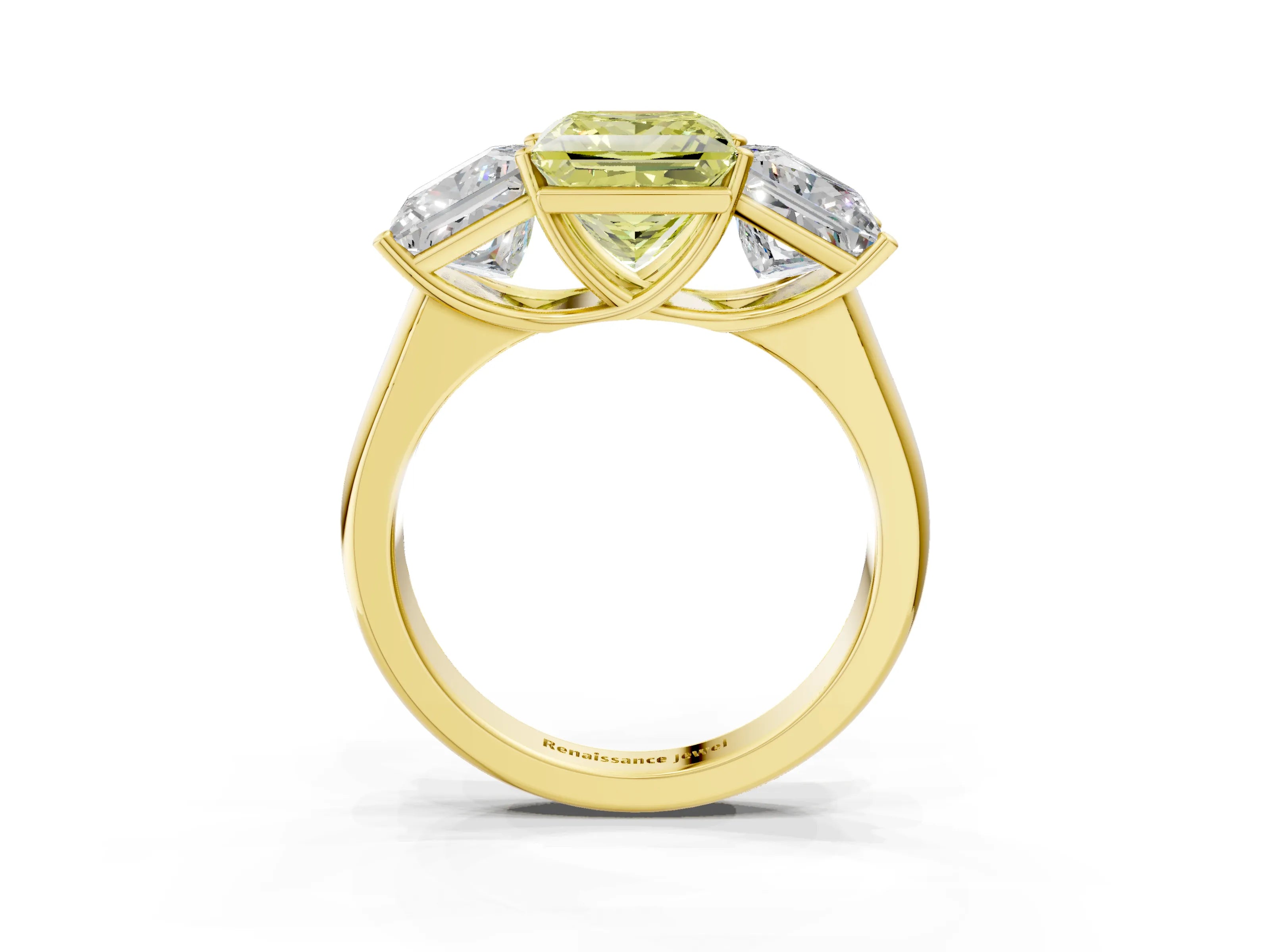Yellow gold Fancy Yellow Princess Cut Three-Stone Diamond Ring with Prong Setting on a Classic Band_3