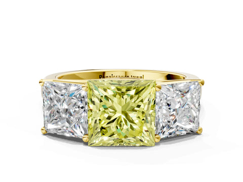 Yellow gold Fancy Yellow Princess Cut Three-Stone Diamond Ring with Prong Setting on a Classic Band