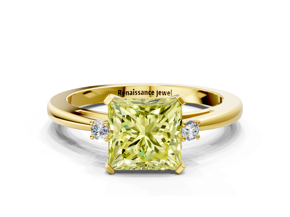 Yellow gold Fancy Yellow Princess  Cut Three-Stone Solitaire Ring with Round Accent Diamonds and Four-Prong Setting