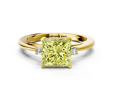 Yellow gold Fancy Yellow Princess  Cut Three-Stone Solitaire Ring with Round Accent Diamonds and Four-Prong Setting