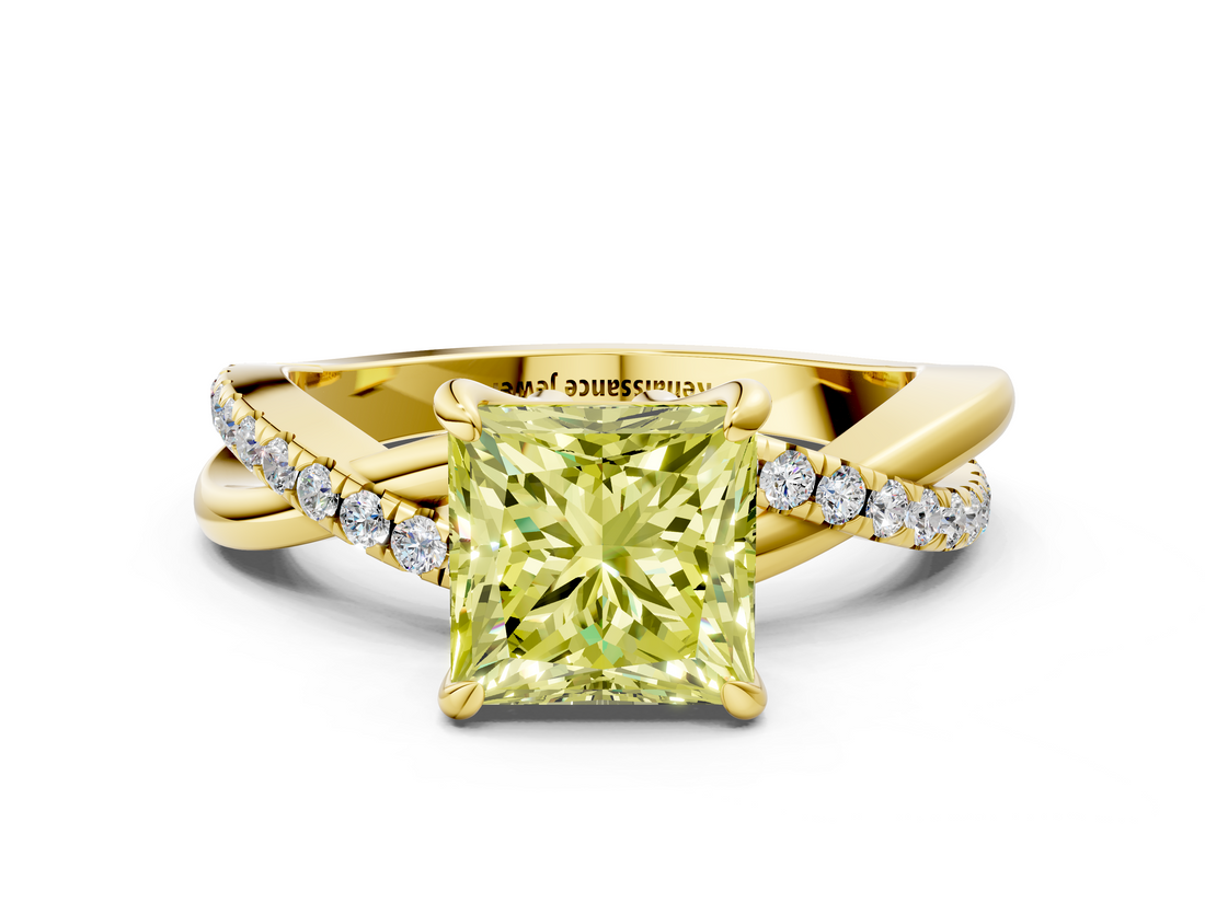 Yellow gold Fancy Yellow Princess  Cut Twist Band Solitaire Diamond Ring with Pavé Setting_3