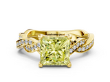 Yellow gold Fancy Yellow Princess  Cut Twisted Pavé Band Solitaire Ring with Four-Prong Setting
