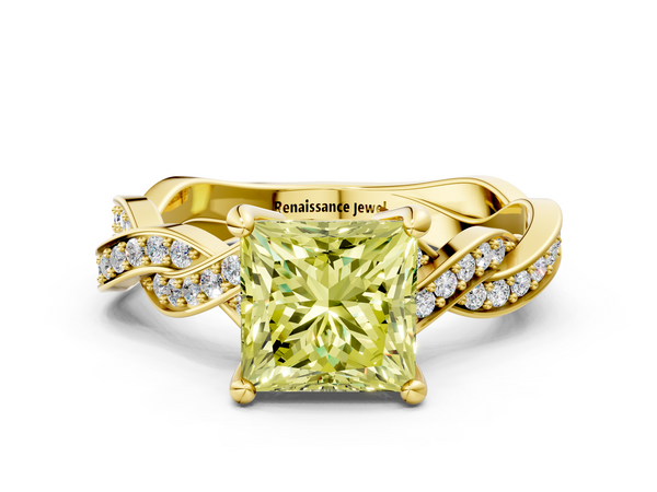 Yellow gold Fancy Yellow Princess  Cut Twisted Pavé Band Solitaire Ring with Four-Prong Setting