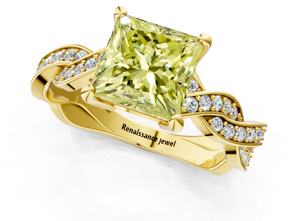 Yellow gold Fancy Yellow Princess  Cut Twisted Pavé Band Solitaire Ring with Four-Prong Setting
