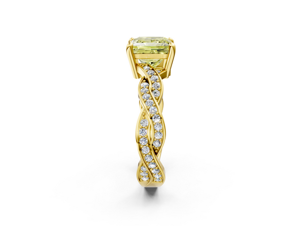 Yellow gold Fancy Yellow Princess  Cut Twisted Pavé Band Solitaire Ring with Four-Prong Setting