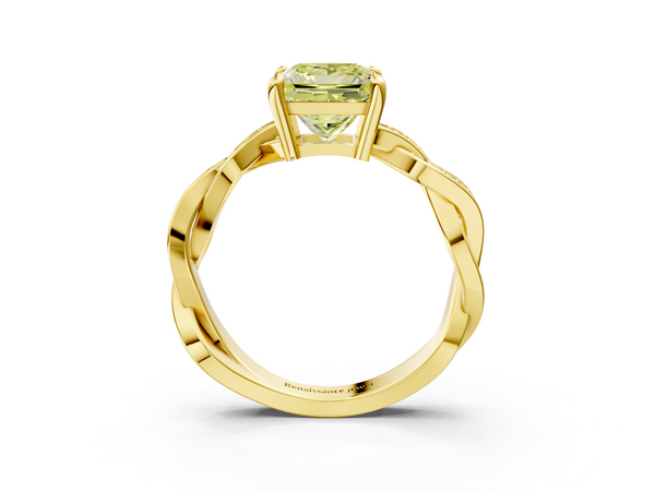 Yellow gold Fancy Yellow Princess  Cut Twisted Pavé Band Solitaire Ring with Four-Prong Setting