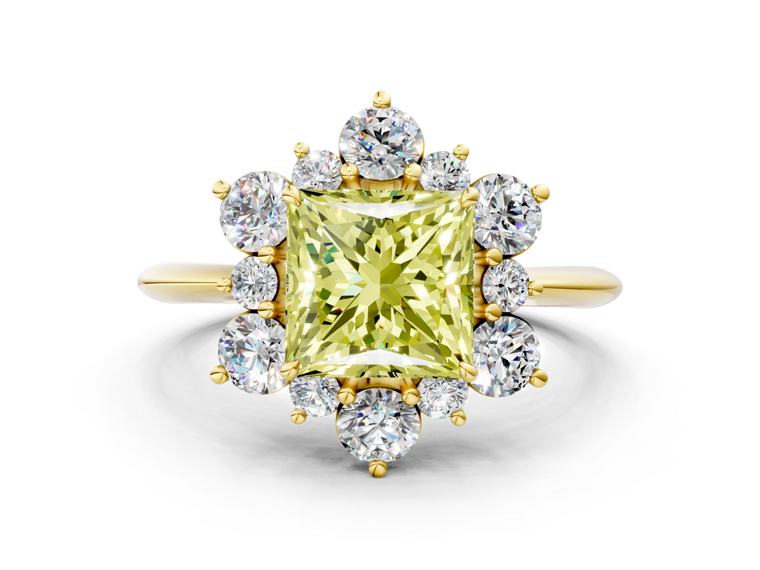 Yellow gold Fancy Yellow Princess  Diamond Cluster Halo Ring with Solitaire Band and Four-Prong Setting