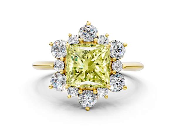 Yellow gold Fancy Yellow Princess  Diamond Cluster Halo Ring with Solitaire Band and Four-Prong Setting