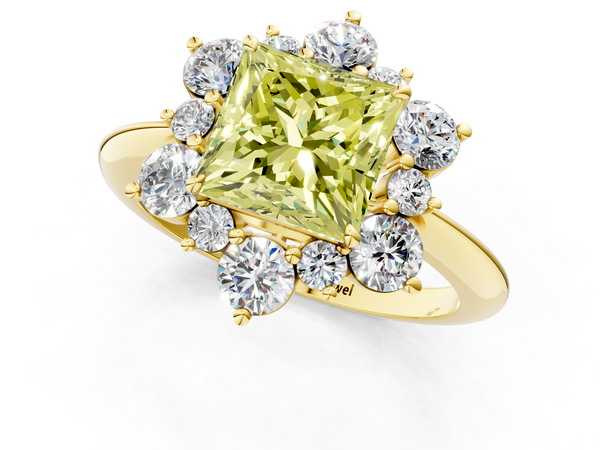 Yellow gold Fancy Yellow Princess  Diamond Cluster Halo Ring with Solitaire Band and Four-Prong Setting