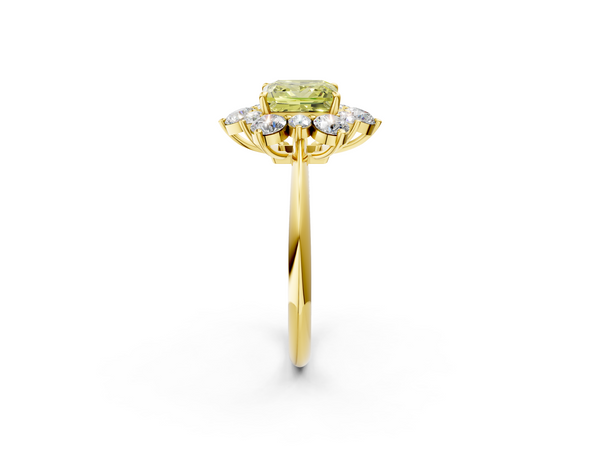 Yellow gold Fancy Yellow Princess  Diamond Cluster Halo Ring with Solitaire Band and Four-Prong Setting