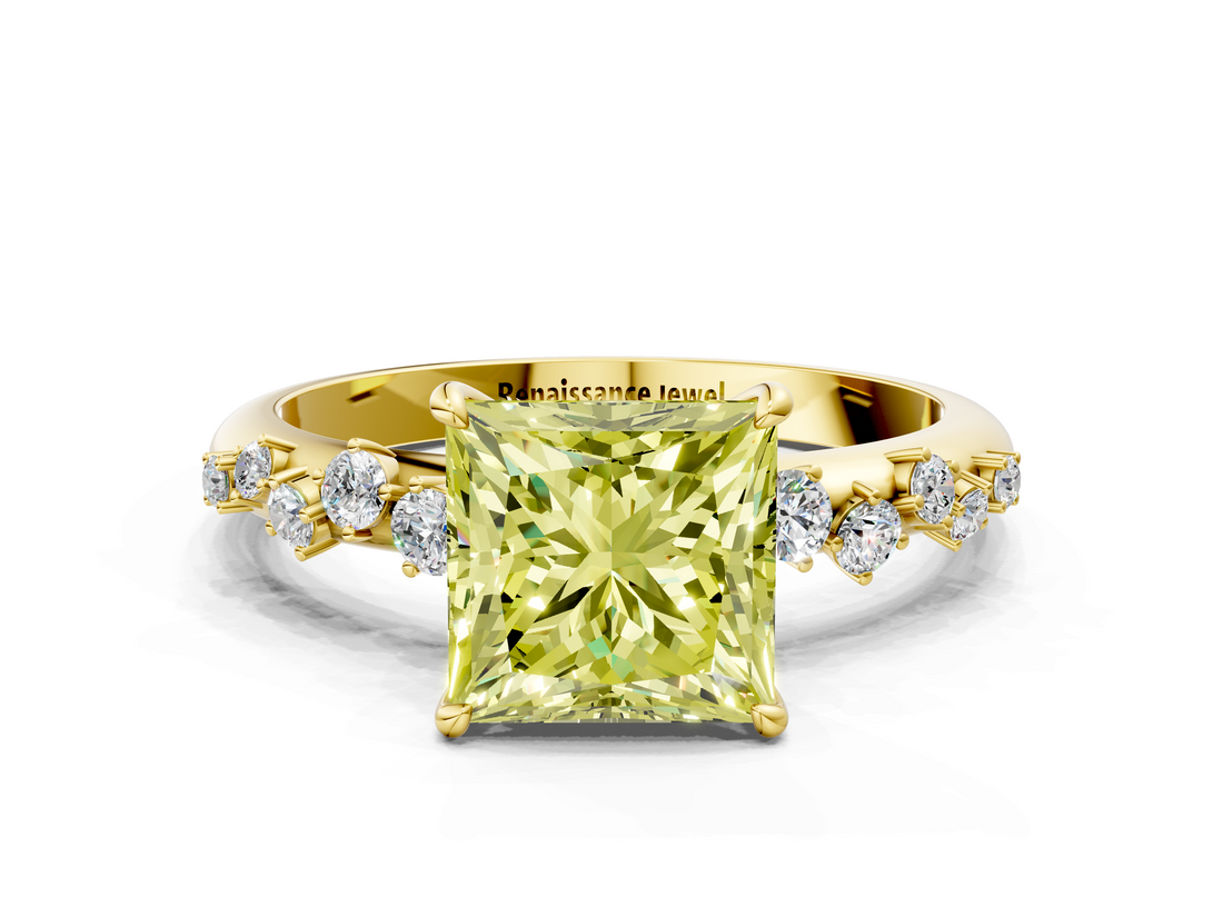 Yellow gold Fancy Yellow Princess  Diamond Cluster Prong-Set Solitaire Ring
