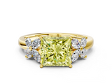 Yellow gold Fancy Yellow Princess  Diamond Floral Cluster Ring with Solitaire Band and Prong Setting
