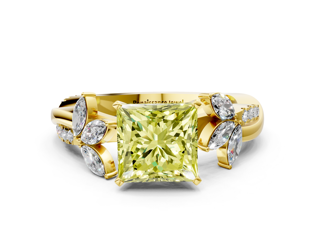 Yellow gold Fancy Yellow Princess  Diamond Floral Vine Solitaire Engagement Ring