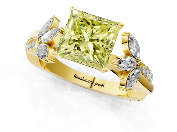Yellow gold Fancy Yellow Princess  Diamond Floral Vine Solitaire Engagement Ring
