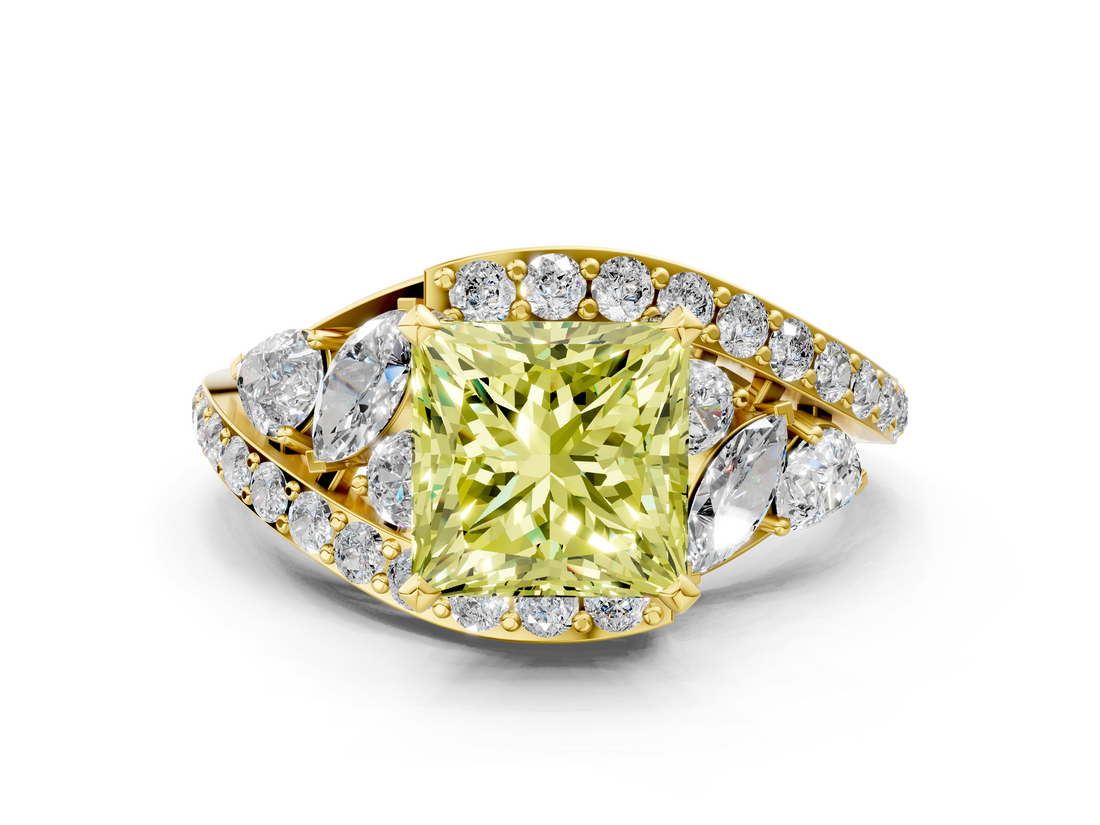 Yellow gold Fancy Yellow Princess  Diamond Halo Ring with Marquise and Pavé Band in Prong Setting