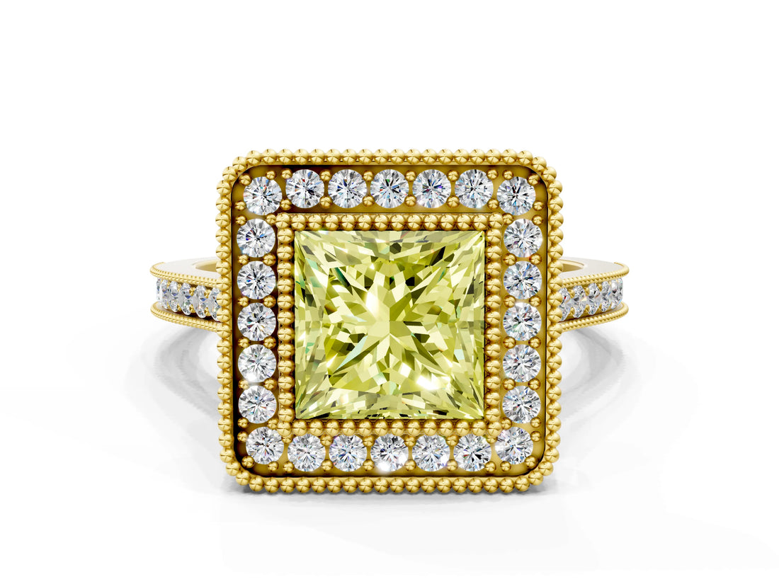 Yellow gold Fancy Yellow Princess  Diamond Halo Ring with Milgrain Frame and Pavé Band_23