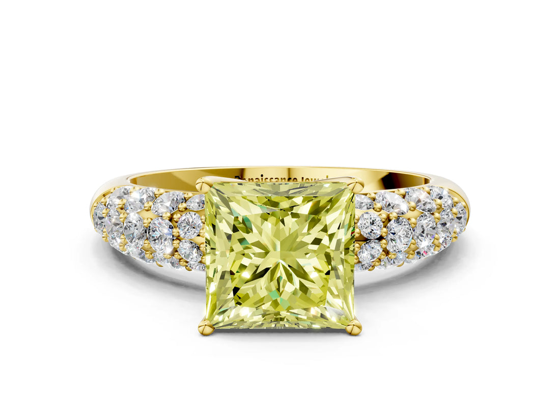 Yellow gold Fancy Yellow Princess  Diamond Pavé Band Solitaire Ring with Four-Prong Setting_29