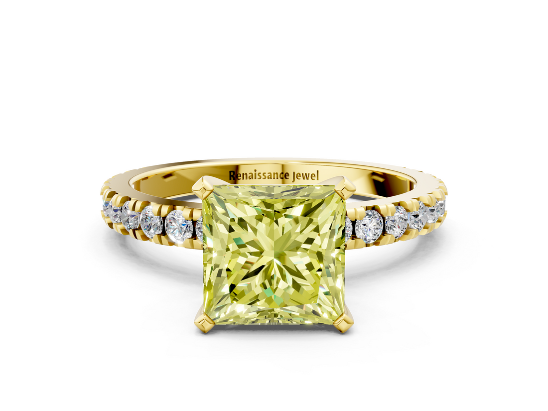 Yellow gold Fancy Yellow Princess  Diamond Pavé Band Solitaire with Four-Prong Setting