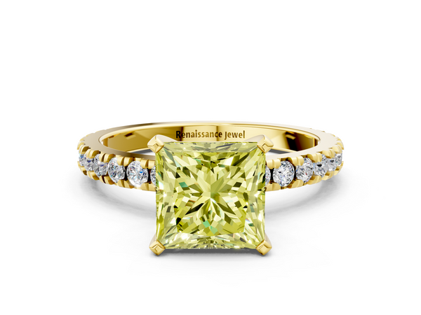 Yellow gold Fancy Yellow Princess  Diamond Pavé Band Solitaire with Four-Prong Setting