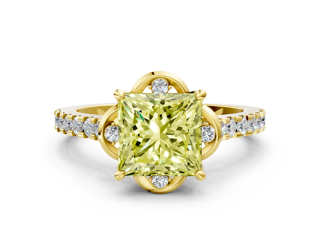 Yellow gold Fancy Yellow Princess  Diamond Pave Band with Floral Prong Setting_27