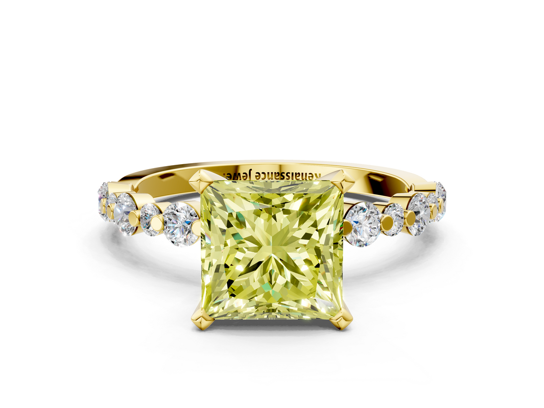Yellow gold Fancy Yellow Princess  Diamond Prong Set Engagement Ring with Pave Band
