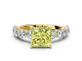 Yellow gold Fancy Yellow Princess  Diamond Prong Setting with Side Stones on a Pave Band