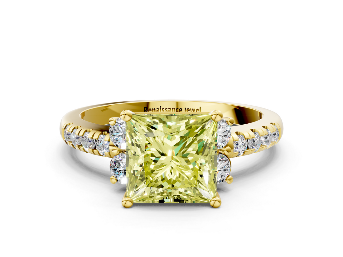 Yellow gold Fancy Yellow Princess  Diamond Three-Stone Pave Band with Four-Prong Setting