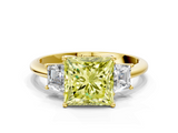 Yellow gold Fancy Yellow Princess  Diamond Three-Stone Ring with Trapezoid Side Stones and Prong Setting