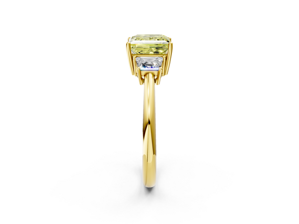 Yellow Gold Princess Cut Three Stone Engagement Ring Setting for Fancy Yellow Center with Trapezoid Side Stones