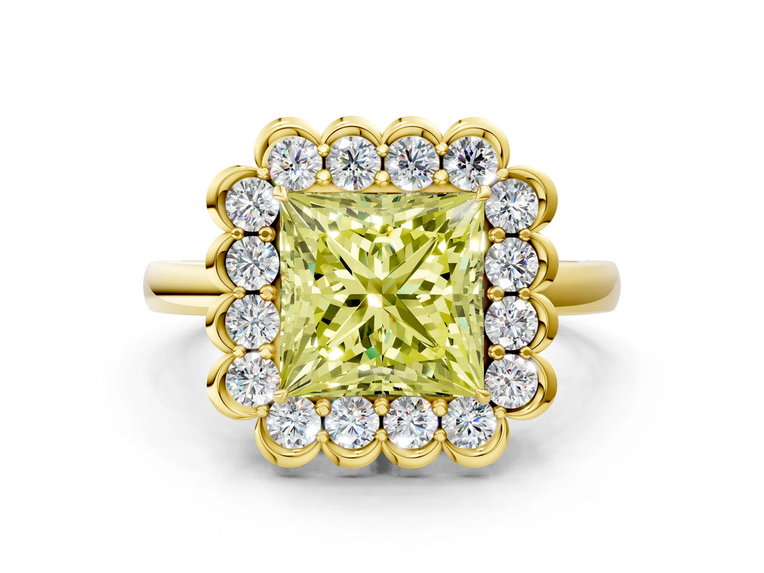 Yellow gold Fancy Yellow Princess  Halo Cluster Diamond Engagement Ring with Solitaire Band and Prong Setting_29