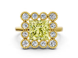 Yellow gold Fancy Yellow Princess  Halo Diamond Cluster Engagement Ring with Milgrain Bezel Setting and Solitaire Band_61