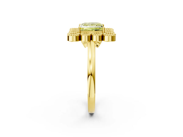 Yellow gold Fancy Yellow Princess  Halo Diamond Cluster Engagement Ring with Milgrain Bezel Setting and Solitaire Band