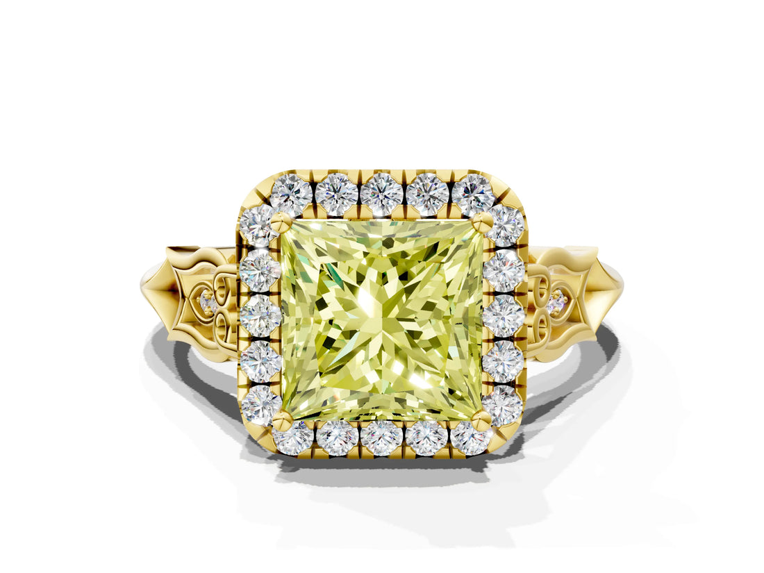 Yellow gold Fancy Yellow Princess  Halo Diamond Engagement Ring with Filigree Band and Four-Prong Setting_81