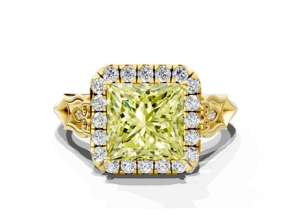 Yellow gold Fancy Yellow Princess  Halo Diamond Engagement Ring with Filigree Band and Four-Prong Setting