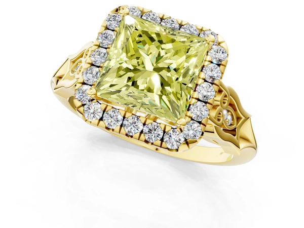 Yellow gold Fancy Yellow Princess  Halo Diamond Engagement Ring with Filigree Band and Four-Prong Setting