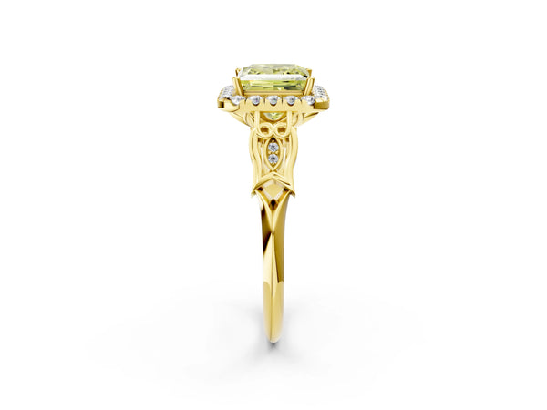 Yellow gold Fancy Yellow Princess  Halo Diamond Engagement Ring with Filigree Band and Four-Prong Setting