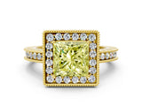 Yellow gold Fancy Yellow Princess  Halo Diamond Engagement Ring with Milgrain Pave Band and Four-Prong Setting_16