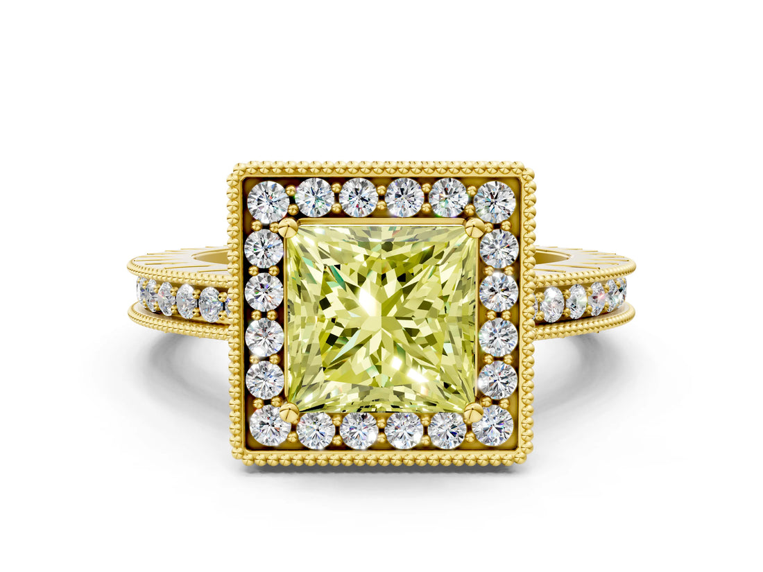Yellow gold Fancy Yellow Princess  Halo Diamond Engagement Ring with Milgrain Pave Band and Four-Prong Setting_50
