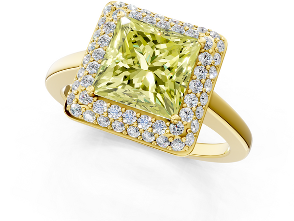 Yellow gold Fancy Yellow Princess  Halo Diamond Engagement Ring with Solitaire Band and Four-Prong Setting