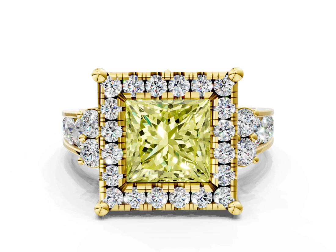 Yellow gold Fancy Yellow Princess  Halo Diamond Engagement Ring with Split Shank and Four-Prong Setting