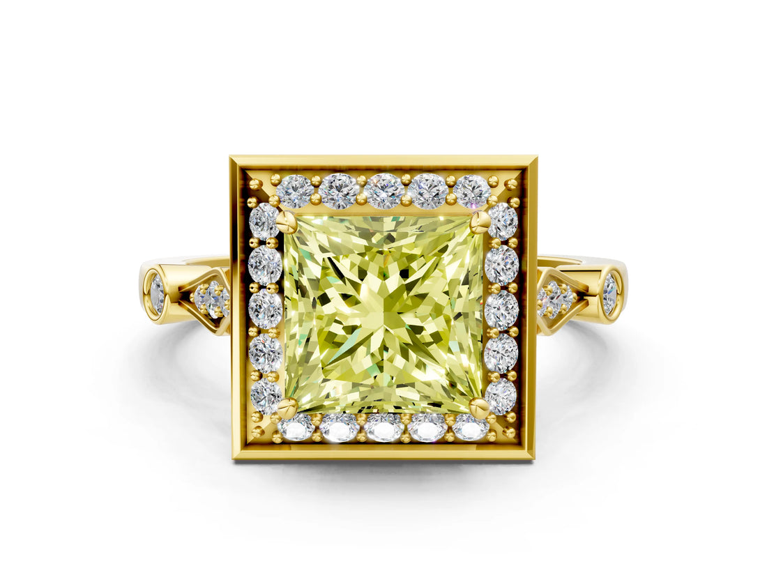 Yellow gold Fancy Yellow Princess  Halo Diamond Engagement Ring with Twisted Band and Four-Prong Setting 1