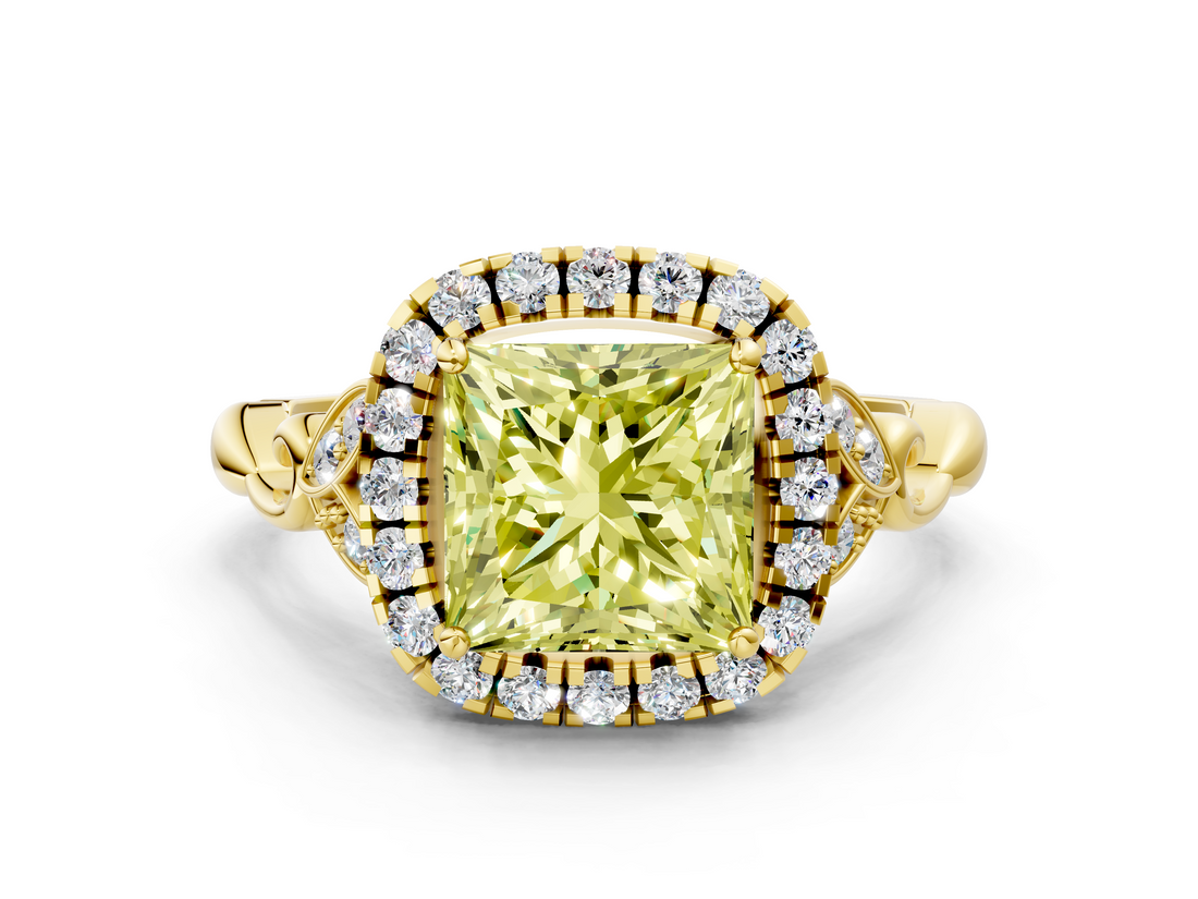 Yellow gold Fancy Yellow Princess  Halo Diamond Engagement Ring with Vintage-Inspired Band and Four-Prong Setting_3