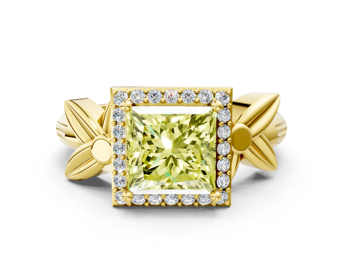 Yellow gold Fancy Yellow Princess  Halo Diamond Floral Band with Four-Prong Setting_35