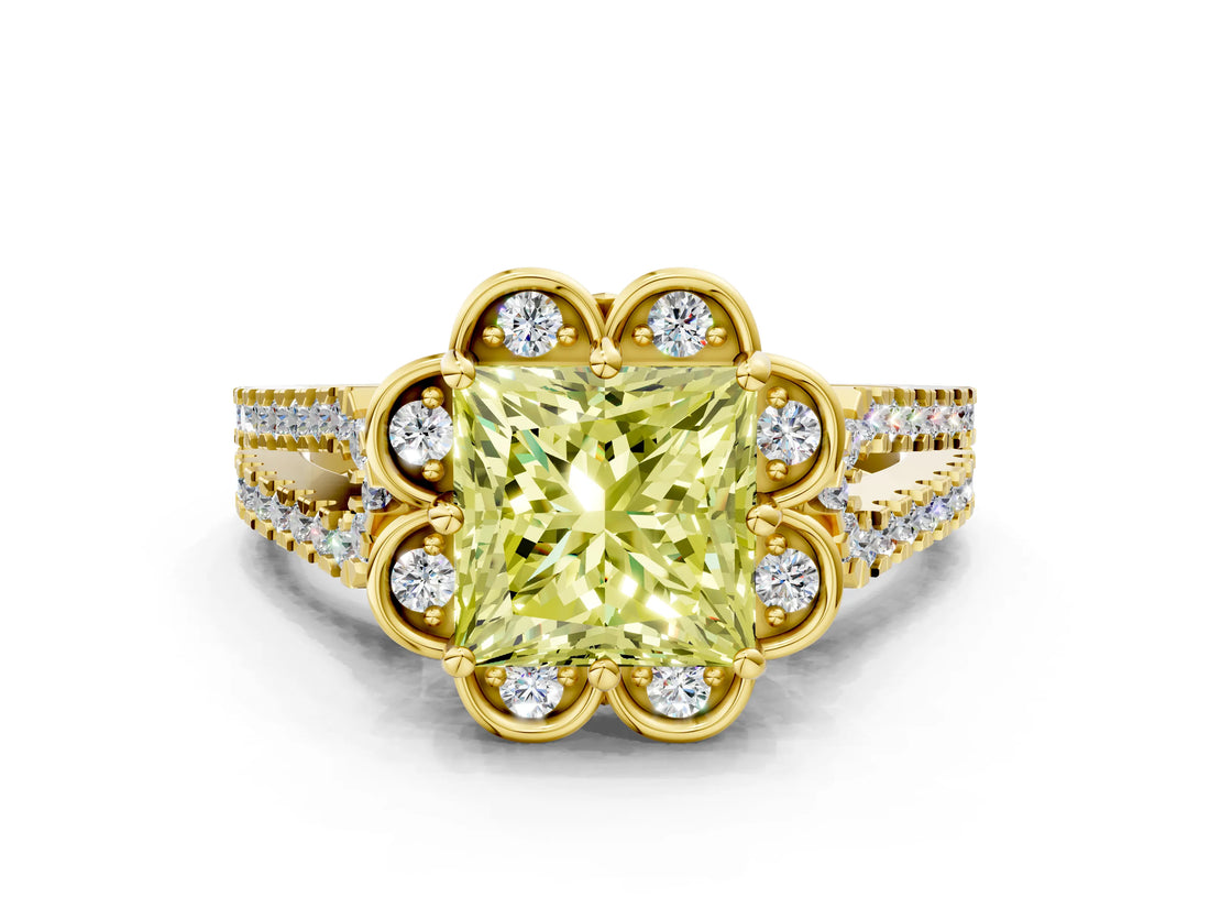 Yellow gold Fancy Yellow Princess  Halo Diamond Floral Split Shank Engagement Ring 1