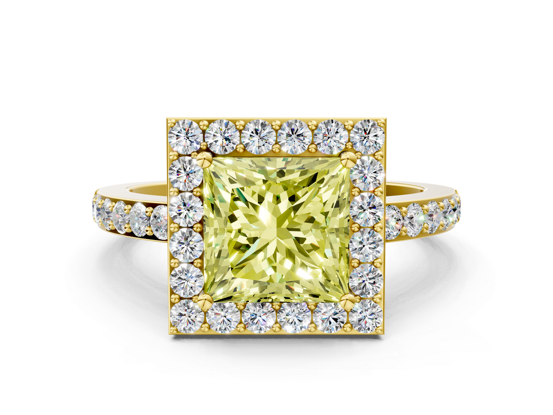Yellow gold Fancy Yellow Princess  Halo Diamond Pavé Band Ring with Prong Setting