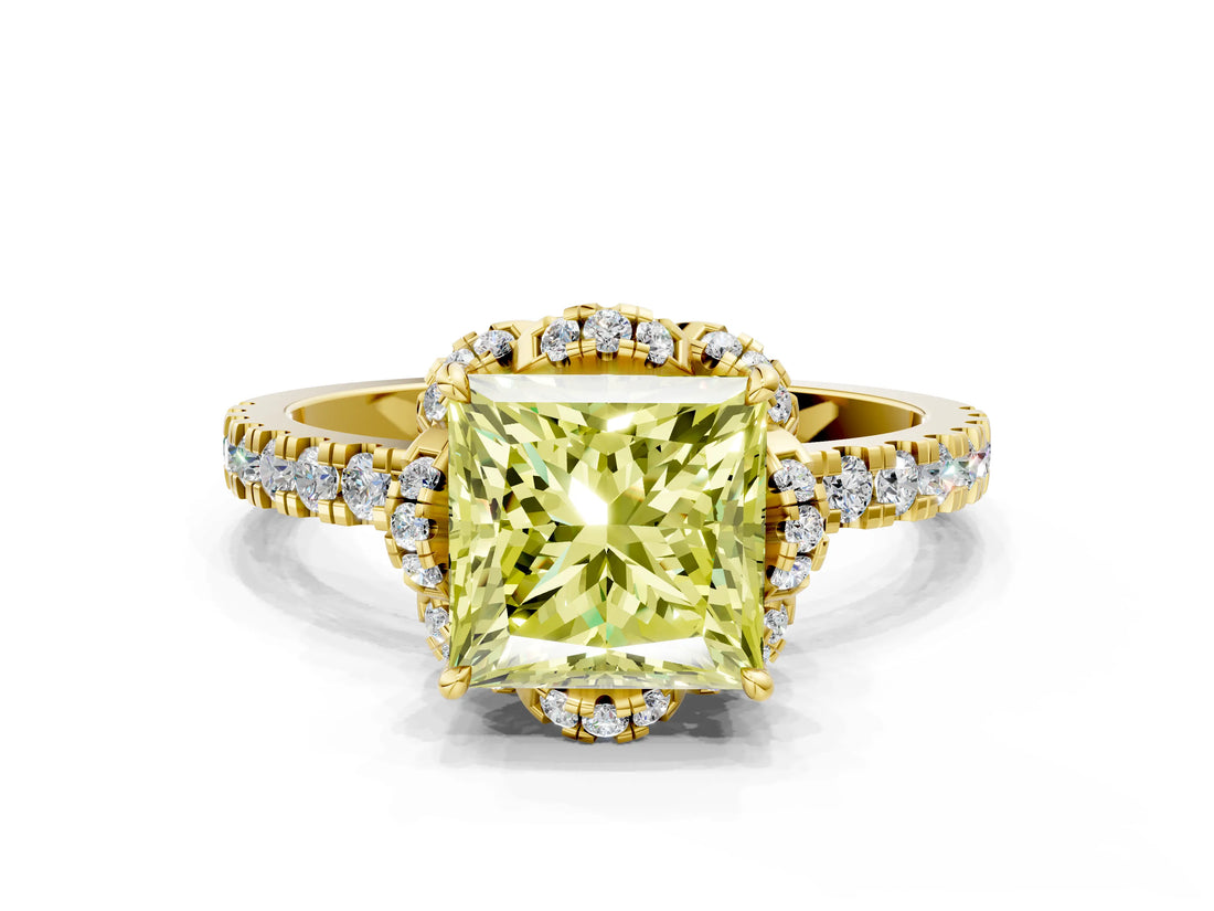 Yellow gold Fancy Yellow Princess  Halo Diamond Pave Band Ring with Four-Prong Setting_15